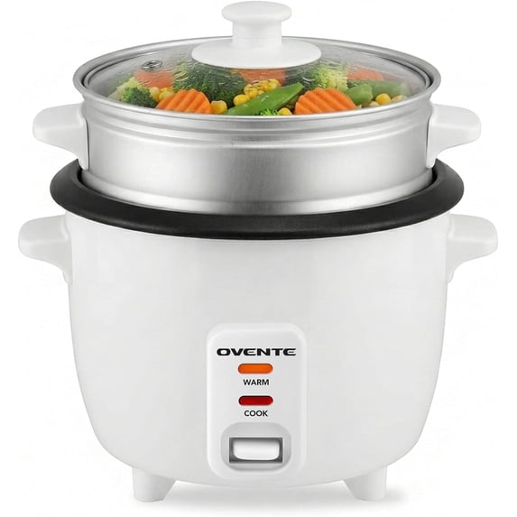 OVENTE Electric Rice Cooker and Food Steamer – 10-Cup Cooked Capacity (5 Cups Uncooked), Nonstick Removable Pot, Keep Warm Function, Steaming Basket, Measuring Cup & Spatula Included, White RCS01W