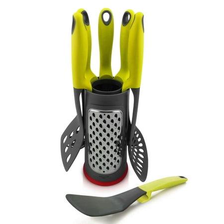 Ovente 2 in 1 Kitchen Utensil Set with Stand Holder & Grater, 6 Piece Cooking Spatula Tools with Heat Resistant Nonstick Coated Nylon Easy Clean Dishwasher Safe for Cooking & Baking, Green KT1901001G