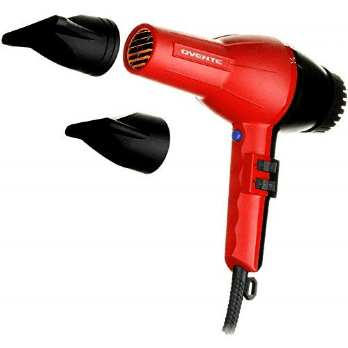 Ovente 2200 Watt Professional Hair Dryer, Ionic & Tourmaline Technology,  Ideal for Body, Volume & Smoothing, Comes w/ 2 Concentrator Nozzle  Attachments, Lightweight for Home & Travel, Black & Red 3600