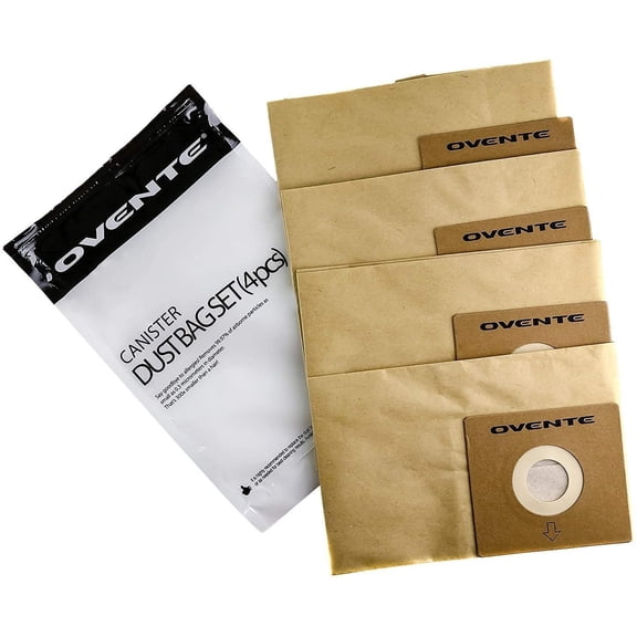 OVENTE 4 Pack Premium Disposable Compact Dust Bag Replacement with Ultra Filtration, Fit for ST1600 Canister Vacuum Cleaner Model Series Large Size and Easy Storage, Brown ACPST16704