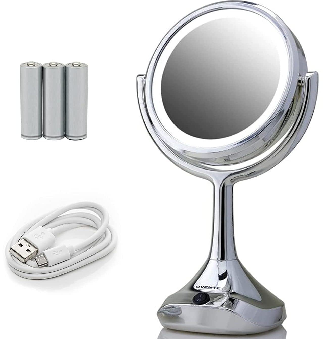 Ovente 6" Lighted Tabletop Makeup Mirror, 1X & 5X Magnifier, Adjustable