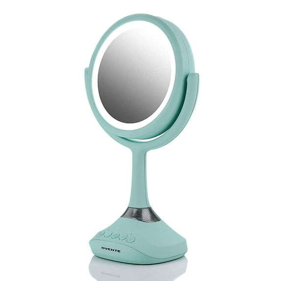 Ovente 6" Lighted Tabletop Mirror, 1X & 5X Magnifier, Adjustable Spinning Double Sided Round LED, Built-in Wireless Speaker and MP3 Audio, Rechargeable, USB Operated, Blue MRT06BL1X5X