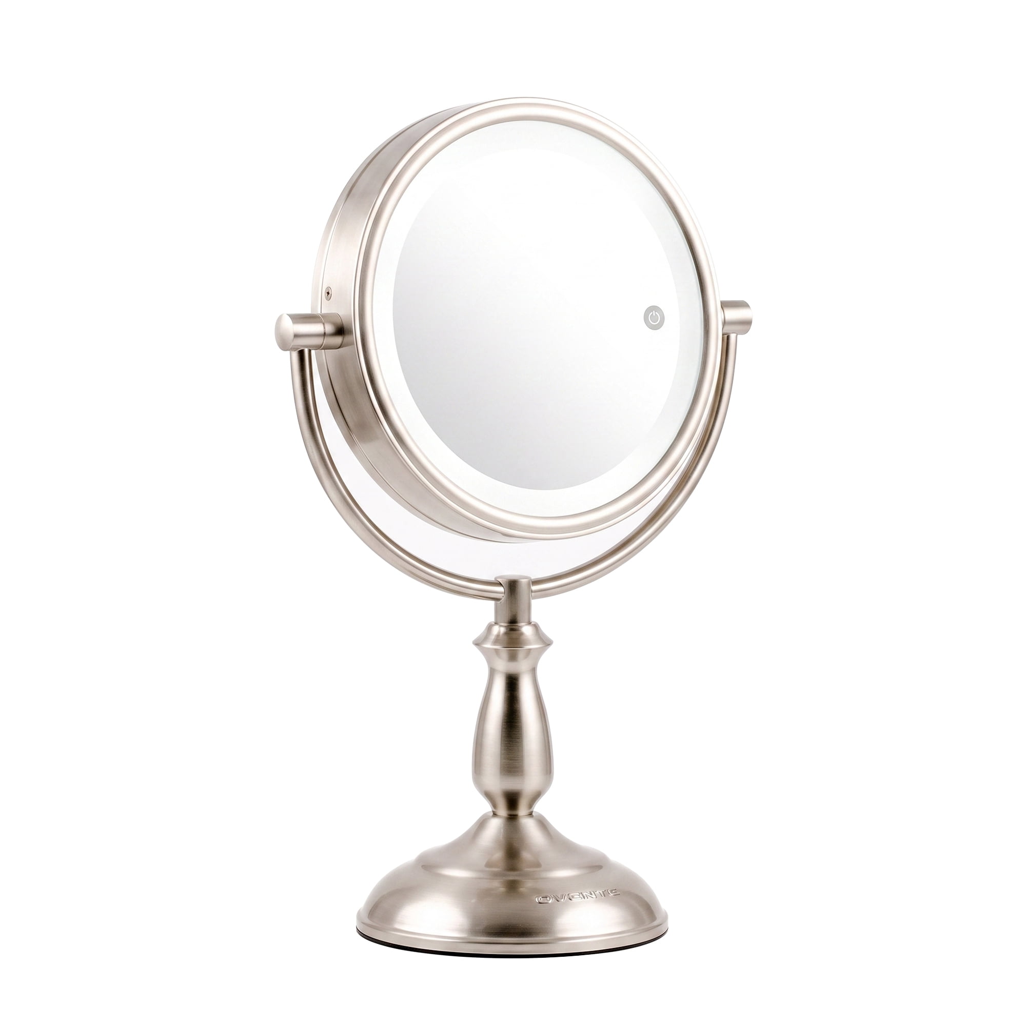 OVENTE 7.5" Lighted Tabletop Vanity Makeup Mirror, 1X & 10X Magnifier, Spinning Double Sided Round LED, 3 Tone Smart Touch, Auto Shut off Timer, Battery & AC Plug Powered, Nickel Brushed MPT75BR1X10X