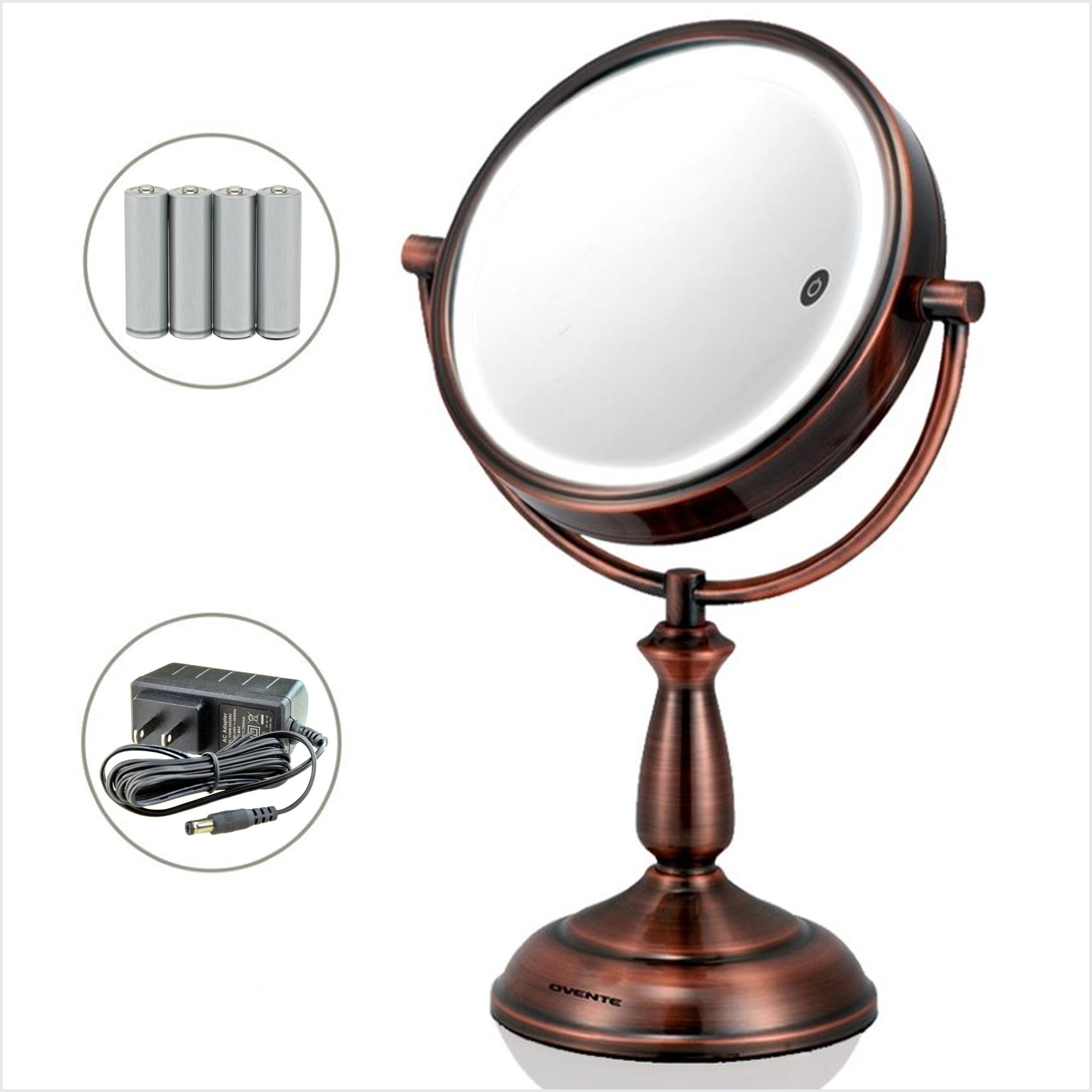 Ovente 7.5" Lighted Tabletop Vanity Makeup Mirror, Magnifier Spinning Double Sided, MPT75CO1X10X - image 1 of 10