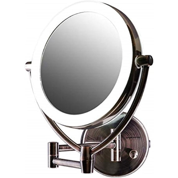 OVENTE 7.5" Lighted Wall Mount Makeup Mirror, 1X & 10X Magnifier, Spinning Double Sided Round LED w/ Dimmer Switch, Extend, Retractable & Folding Arm, Battery USB Powered Antique Brass MLW75AB1X10X