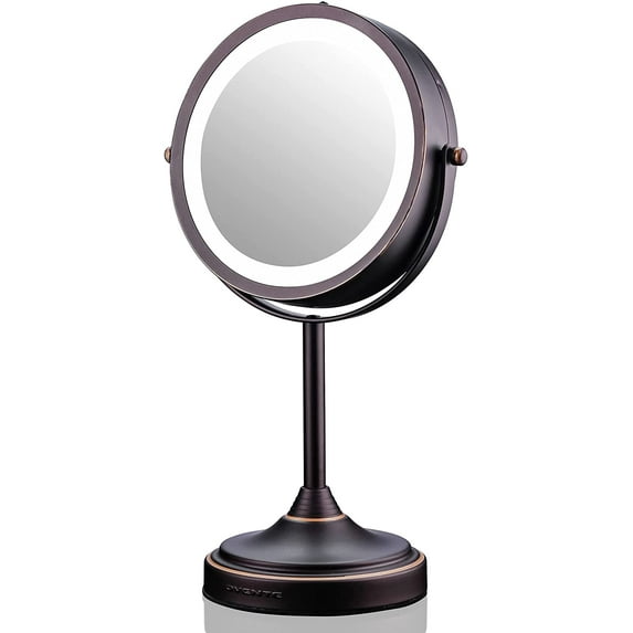 Ovente 7'' Lighted Tabletop Makeup Mirror, 1X & 7X Magnifier, Spinning Double Sided Round LED, Great for Vanity, Bath, & Bedroom, Battery Powered, Antique Bronze MCT70ABZ1X7X