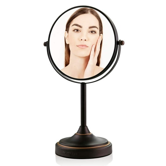 Ovente 7'' Tabletop Makeup Mirror with Stand, 1X & 7X Magnifier, Spinning Double Sided Round Vanity Mirror, Ideal for Dresser, Bedroom, Office & Bath, Antique Bronze MNLCT70ABZ1X7X