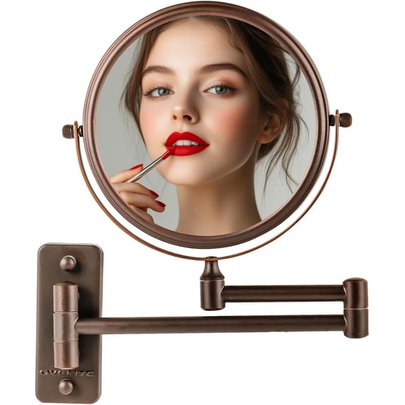 Ovente 7" Wall Mount Makeup Mirror, 1X & 7X Magnifier, Adjustable Spinning Double Sided Round Reflection, Extend, Retractable & Folding Arm, Bathroom & Vanity Décor, Antique Bronze MNLFW70ABZ1X7X