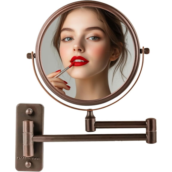 Ovente 7" Wall Mount Makeup Mirror, 1X & 7X Magnifier, Adjustable Spinning Double Sided Round Reflection, Extend, Retractable & Folding Arm, Bathroom & Vanity Décor, Antique Bronze MNLFW70ABZ1X7X