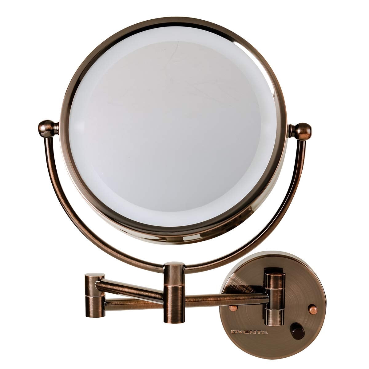 OVENTE Wall Mounted Lighted Makeup Vanity Mirror, 9" Hard Wired Double Sided 1X/7X Magnifying Bathroom Mirror, Dimmable LED Lights, 360° Rotation and 14" Extendable Arm, Antique Brass MPWD3185AB1X7X