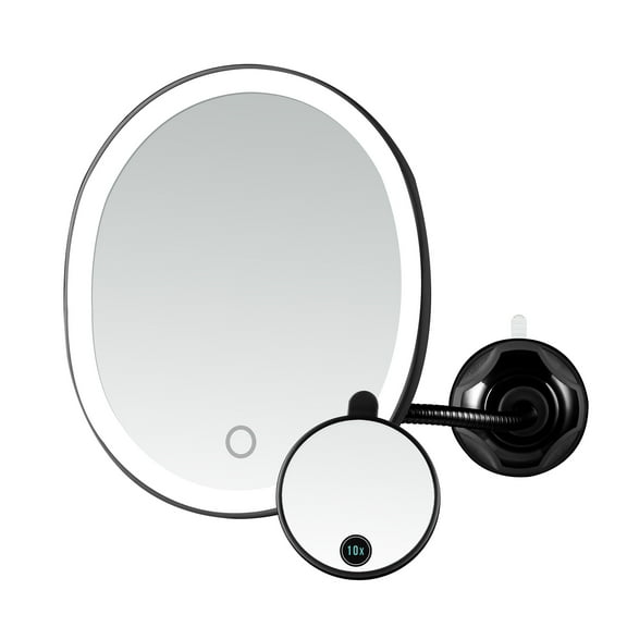 Ovente 8.5'' Lighted Makeup Mirror, Rechargeable Swivel Gooseneck with Attachable Suction Cup Mount, 10X Magnetic Mini Magnifier, Dimmable LED, for Bathroom, Home & Travel, USB Powered, Black MOW22B