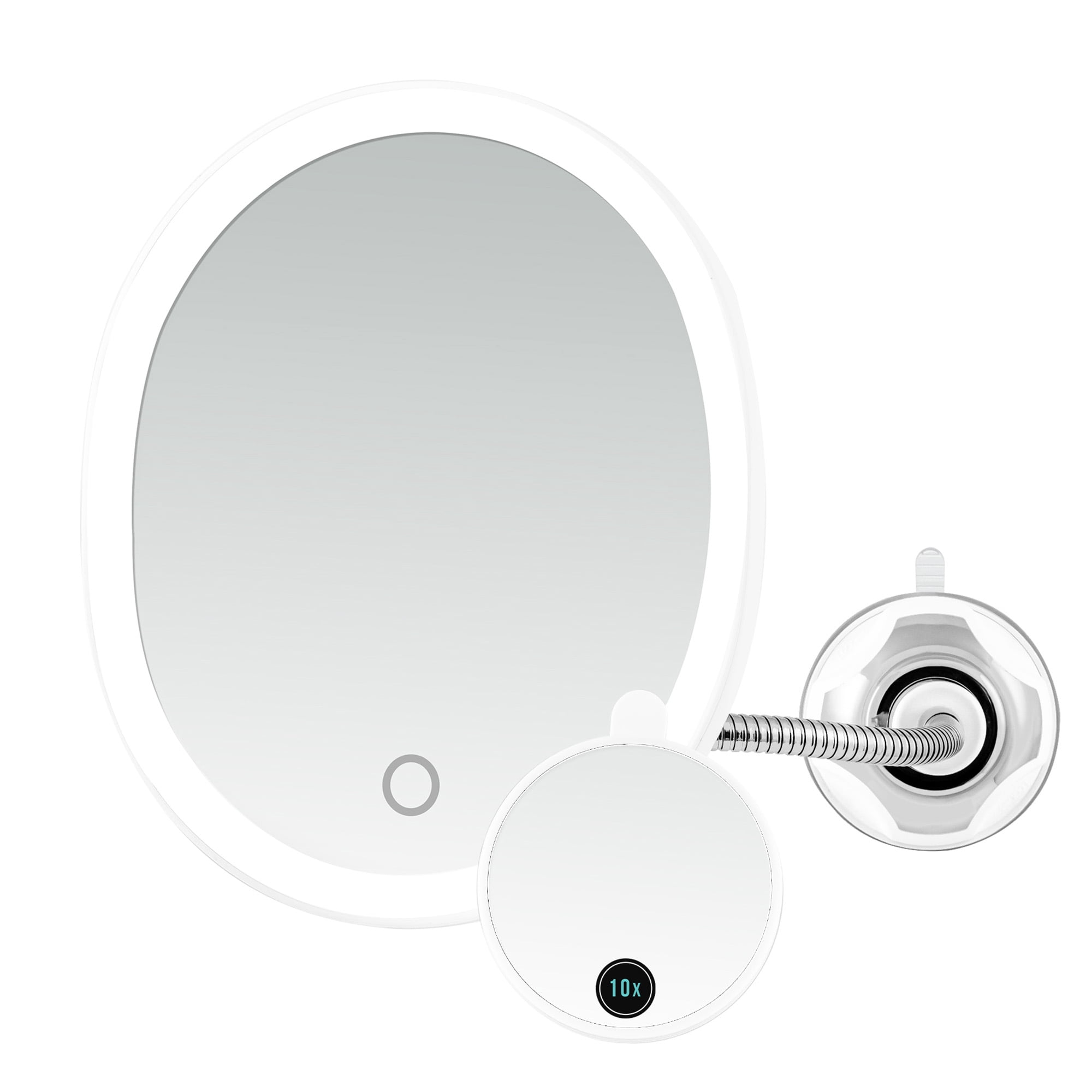 OVENTE 9'' Rechargeable Lighted Wall Mount Makeup Mirror for Bathroom with Mini Magnetic 10X Magnifying Mirror, Touch Screen Dimmable LED Lights, Flexible Gooseneck and Suction Mounting, White MOW22W