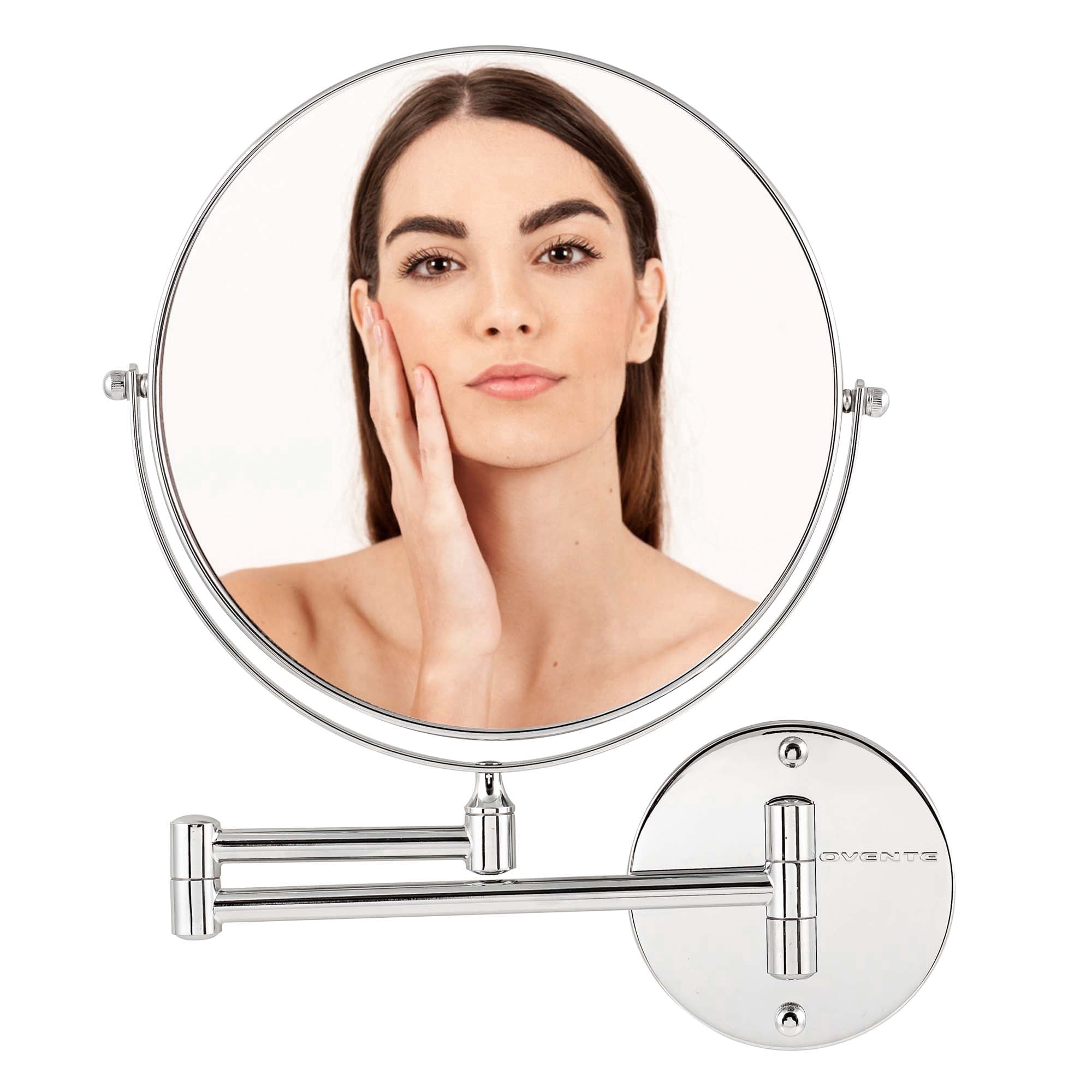 OVENTE 9" Wall Mounted Makeup Mirror with 1X/10X Magnification, Double Sided Magnifying Round Bathroom Vanity Mirror, 360° Swivel Design, Extendable and Folding Arm, Polished Chrome MNLFW90CH1X10X