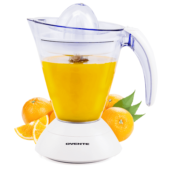 OVENTE Electric Citrus Juicer Extractor 34 Ounce Pitcher with Manual Pulp Control Cone and Strainer, 25 Watt Power Easy Clean Squeezer for Fresh Lemonade Orange Grapefruit Lime Juice, White JE1034W