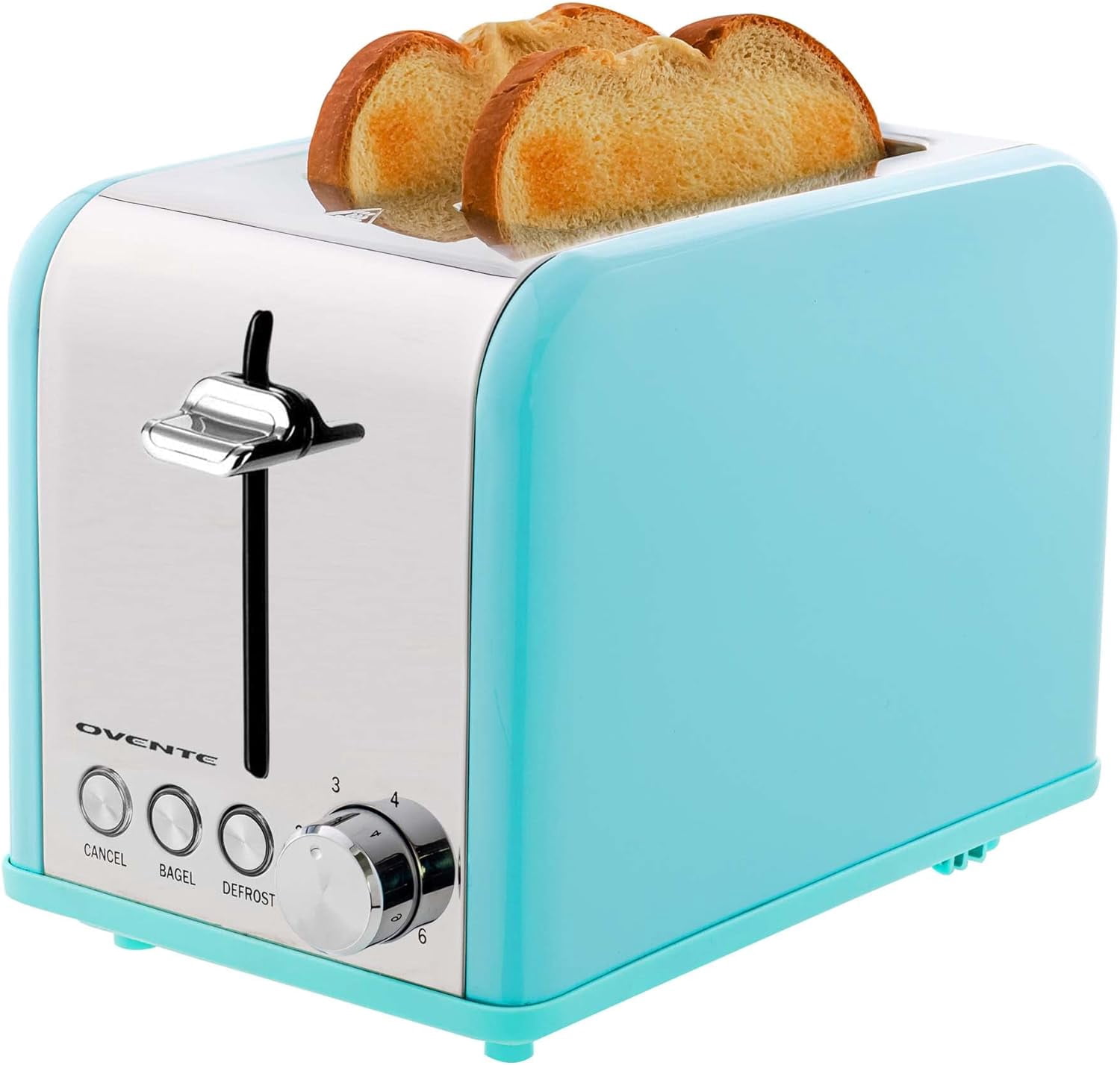 OVENTE 2-Slice Electric Toaster, 825W with 6 Browning Settings, Bagel, Defrost, Cancel Functions, Extra-Wide Slots, Stainless Steel Retro Countertop Toaster, Turquoise TS2450T