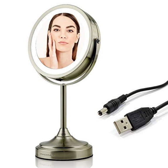 Ovente LED Lighted Tabletop Cosmetic Mirror, 7 Inch, Dual-Sided 1x/7x Magnification, Rechargeable & Wireless, Nickel Brushed (MCTR70BR1X7X)
