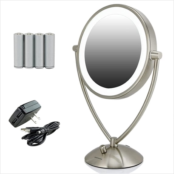 OVENTE LED Lighted Tabletop Makeup Mirror 9.5" 1X 10X Magnifier Dimmable 360 Adjustable Double Sided Acrylic Edge Battery USB Operated Bedroom Vanity Lamp Professional Nickel Brushed MLT45BR1X10X