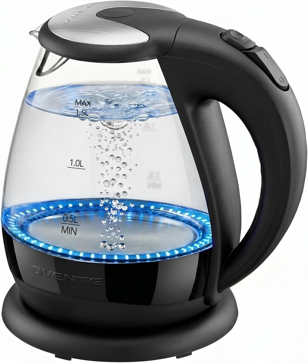 Ovente Lighted Electric Glass Kettle 1.5 L with Blue LED Lights, Black KG845B