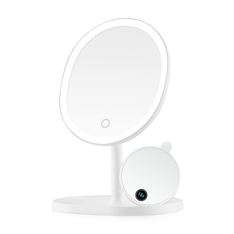 Ovente Lighted Makeup Mirror with Magnification, Rechargeable 8.5'' Vanity Table Top with Storage Tray, Dimmable Round LED, 10x Mini Magnetic Mirror