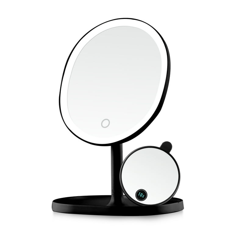 Ovente Lighted Makeup Mirror with Magnification, Rechargeable 8.5'' Vanity Table Top with Storage Tray, Dimmable Round LED, 10x Mini Magnetic Mirror