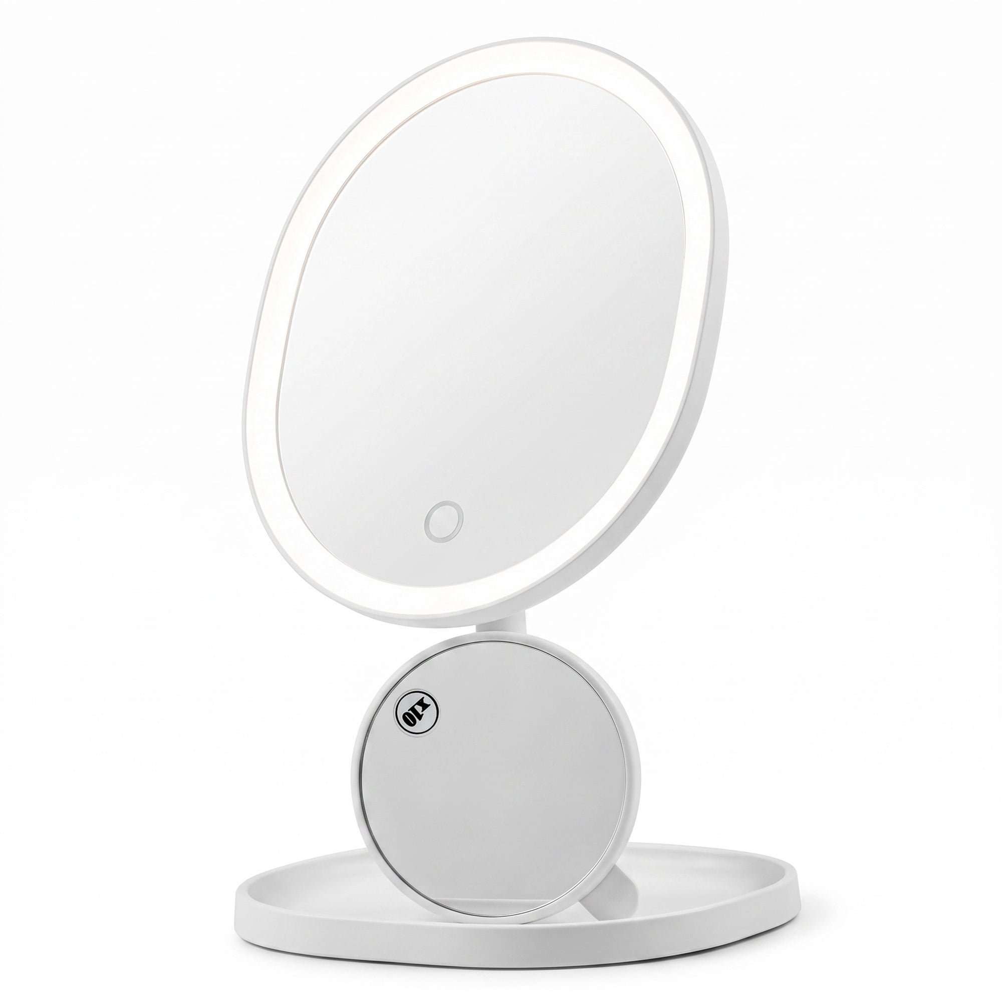 OVENTE 9" Rechargeable Lighted Tabletop Makeup Mirror with Mini Magnetic 10X Magnifying Mirror, Touch Screen Dimmable LED Lights, Portable Vanity Mirror Perfect for Bathroom or Travel, White MOT22W