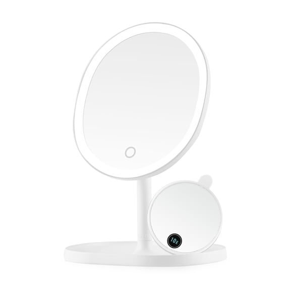 OVENTE 9" Rechargeable Lighted Tabletop Makeup Mirror with Mini Magnetic 10X Magnifying Mirror, Touch Screen Dimmable LED Lights, Portable Vanity Mirror Perfect for Bathroom or Travel, White MOT22W
