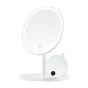 Ovente Lighted Makeup Mirror with Magnification, Rechargeable 8.5'' Vanity Table Top with Storage Tray, Dimmable Round LED, 10X Mini Magnetic Mirror, Compact for Travel, USB Powered, White MOT22W