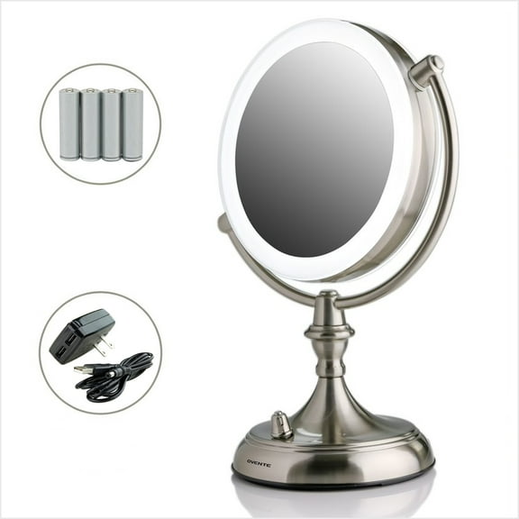Ovente Lighted Makeup Mirror Tabletop 7.5 Inch 1X 10X Magnifier Dimmable Adjustable Double Side Spinning LED Acrylic Edge Battery USB Powered Vanity Skin Care Round Large Nickel Brushed MGT75BR1X10X