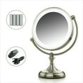 thumbnail image 1 of Ovente Lighted Makeup Mirror Tabletop 9.5 Inch 1X 10X Magnifier Dimmable 360 Degree Double Side Spinning LED Acrylic Edge Battery USB Powered Vanity Skin Care Circle Large Nickel Brushed MGT95BR1X10X, 1 of 9