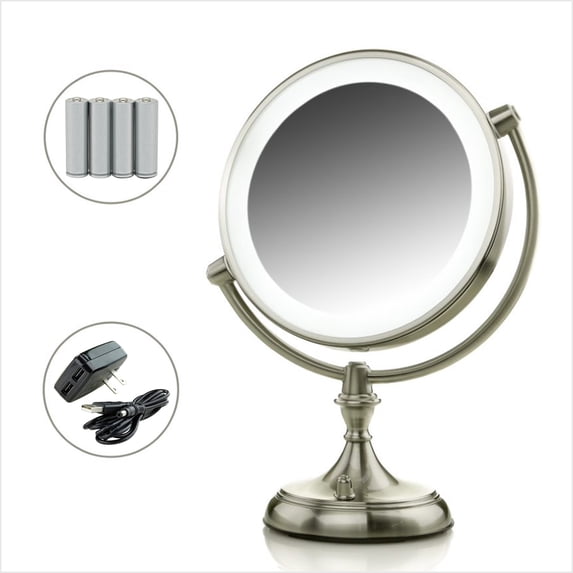 Ovente Lighted Makeup Mirror Tabletop 9.5 Inch 1X 10X Magnifier Dimmable 360 Degree Double Side Spinning LED Acrylic Edge Battery USB Powered Vanity Skin Care Circle Large Nickel Brushed MGT95BR1X10X