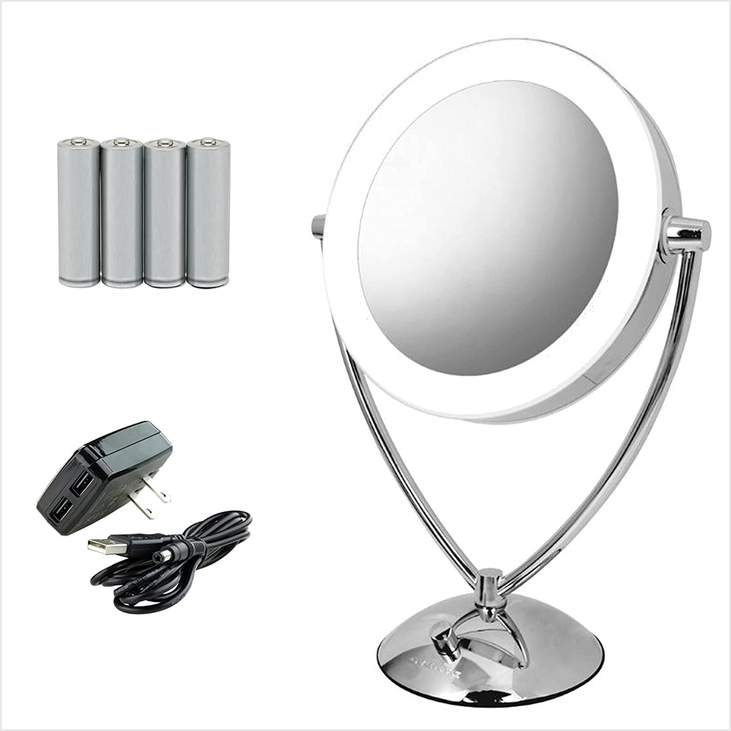 OVENTE Lighted Tabletop Makeup Mirror 9.5" LED Dimmable 1X 5X Magnifier 360 Adjustable Double Sided Battery USB Operated Bedroom Lamp Vanity Cosmetic Professional Large Polished Chrome MLT45CH1X5X