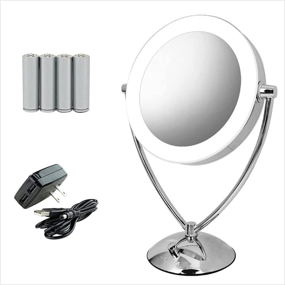 OVENTE Lighted Tabletop Makeup Mirror 9.5" LED Dimmable 1X 5X Magnifier 360 Adjustable Double Sided Battery USB Operated Bedroom Lamp Vanity Cosmetic Professional Large Polished Chrome MLT45CH1X5X