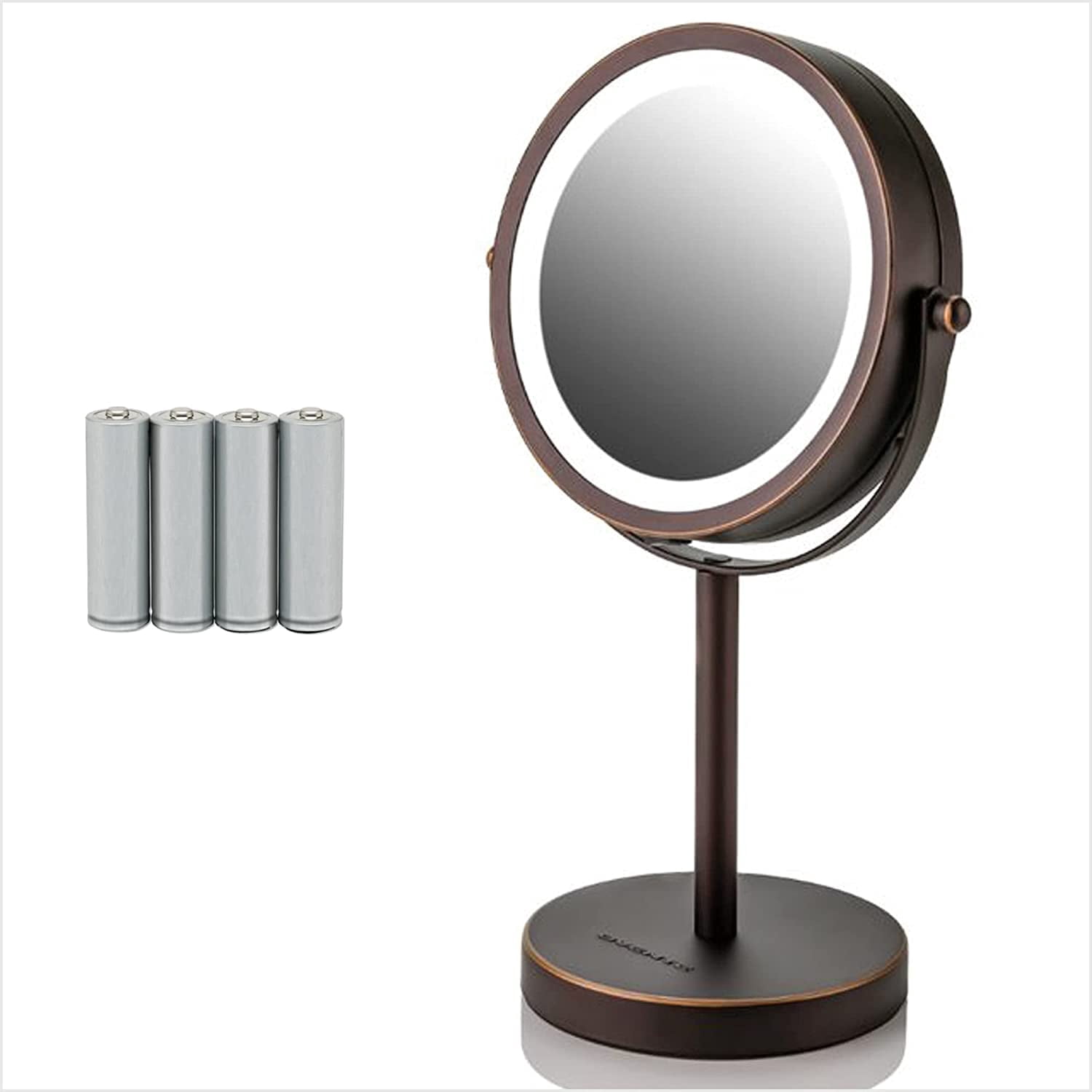 OVENTE 6" Lighted Makeup Mirror with 1X/7X Magnification, Cordless Tabletop Mount Vanity Round Mirror with 360° Swivel Design and Double Sided Cool Tone LED Ring Light, Antique Bronze MLT60ABZ1X7X