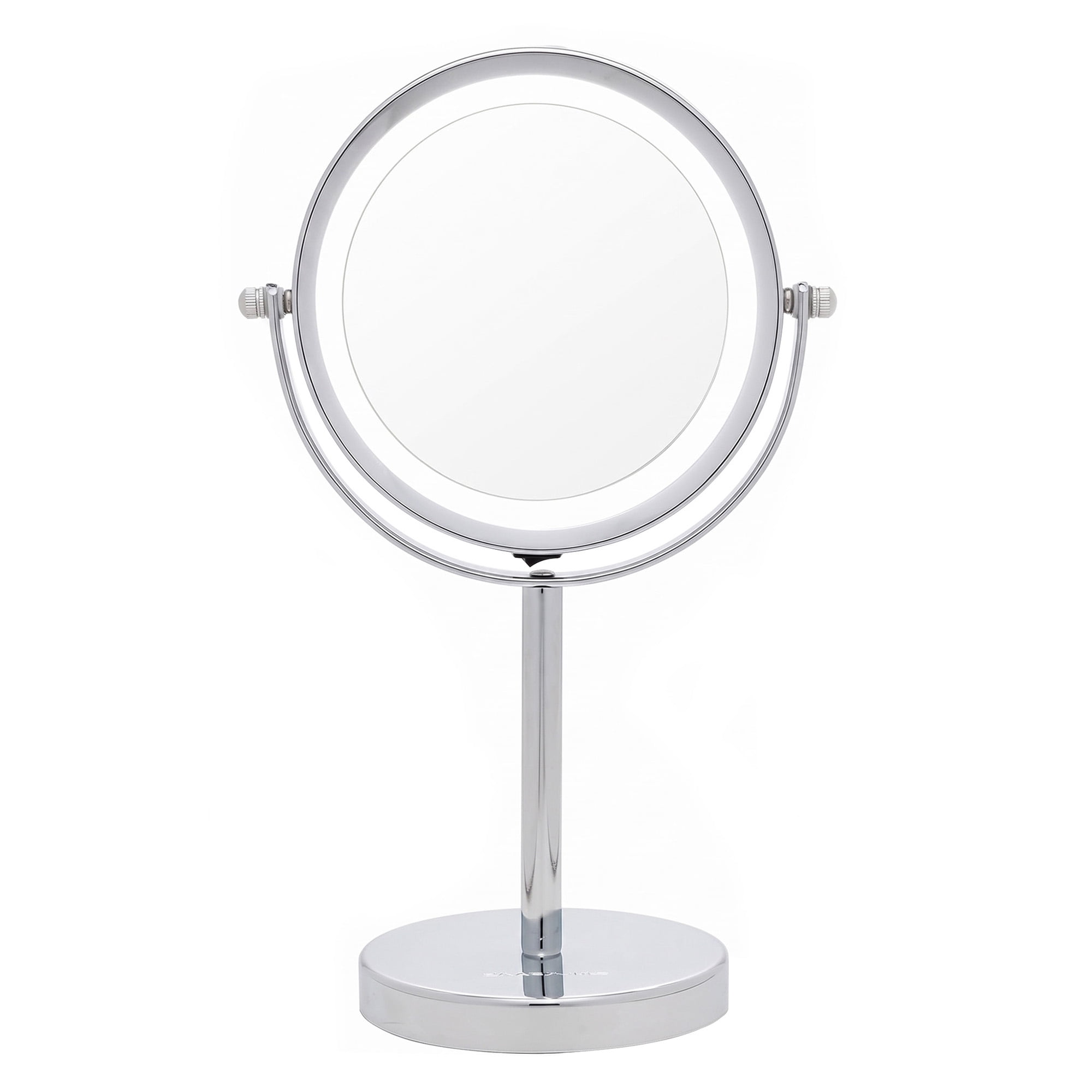 OVENTE 6" Lighted Makeup Mirror with 1X/7X Magnification, Cordless Tabletop Mount Vanity Round Mirror with 360° Swivel Design and Double Sided Cool Tone LED Ring Light, Polished Chrome MLT60CH1X7X