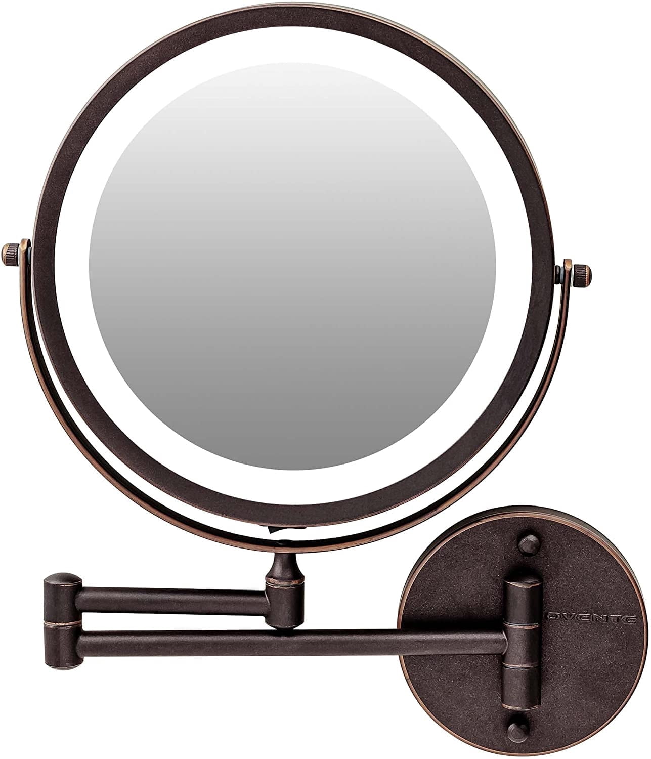 OVENTE Lighted Wall Mount Makeup Mirrors 8.5 Inch 1X 7X Magnifier Circular LED Double Side 360 Degree Extending Control Folding Arm Battery Powered Shave Vanities Large Antique Bronze MFW85ABZ1X7X