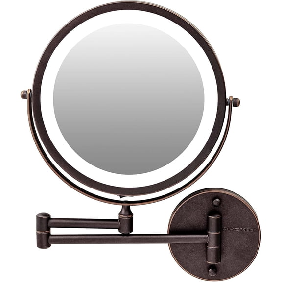 OVENTE Lighted Wall Mount Makeup Mirrors 8.5 Inch 1X 7X Magnifier Circular LED Double Side 360 Degree Extending Control Folding Arm Battery Powered Shave Vanities Large Antique Bronze MFW85ABZ1X7X