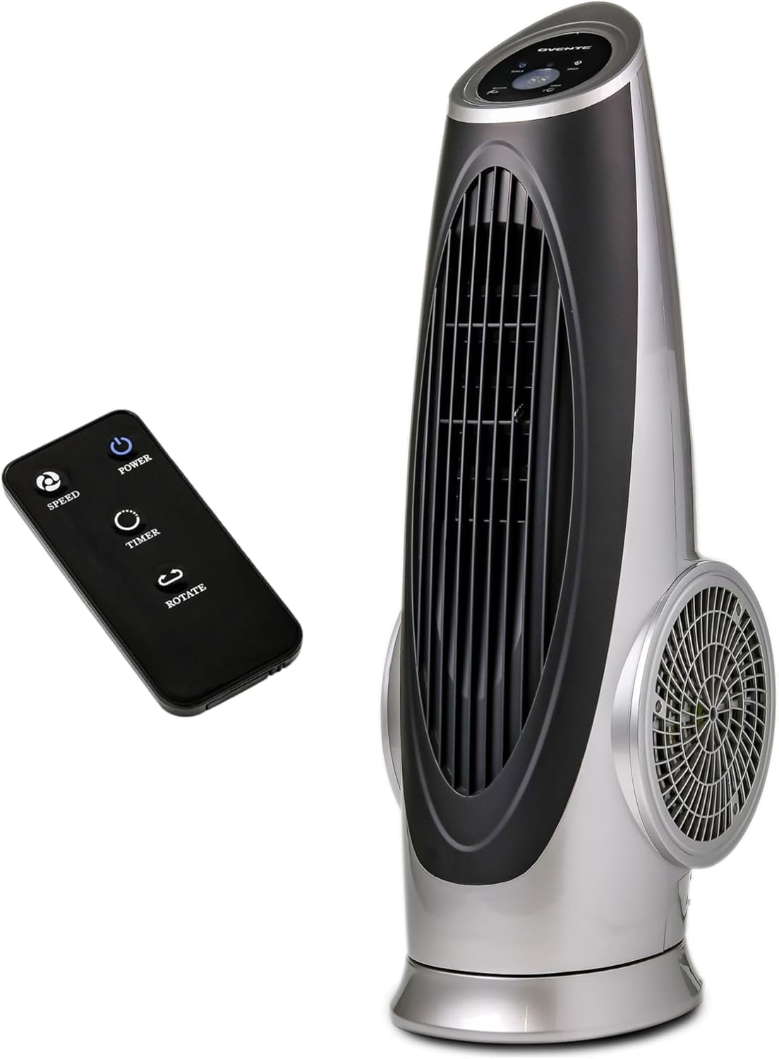 OVENTE Oscillating Tower Fan with Remote Control, 3-Speed LCD Panel & 8H Timer, 30.5" Quiet & Bladeless Indoor Standing Floor Fan, Blows Cold Air for Home, Bedroom, Living Room or Office, Silver TF88