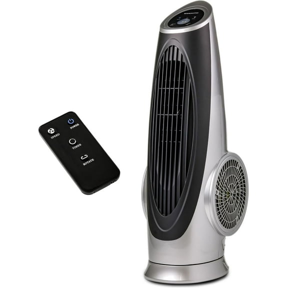 Ovente Oscillating Tower Remote Control, 3-Speed LCD Panel & 8H Timer, 30.5" Quiet & Bladeless Indoor Standing Floor Fan, Blows Cold Air for Home, Bedroom, Living Room or Office, Silver TF88S
