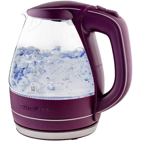 Ovente Portable Electric Glass Kettle 1.5 Liter with Blue LED Light and Stainless Steel Base, Fast Heating Countertop Tea Maker Hot Water Boiler with Auto Shut-Off & Boil Dry Protection, Purple KG83P
