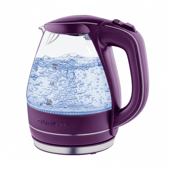 OVENTE Portable Electric Glass Kettle 1.5 Liter with Blue LED Light and Stainless Steel Base, Fast Heating Countertop Tea Maker Hot Water Boiler with Auto Shut-Off & Boil Dry Protection, Purple KG83P