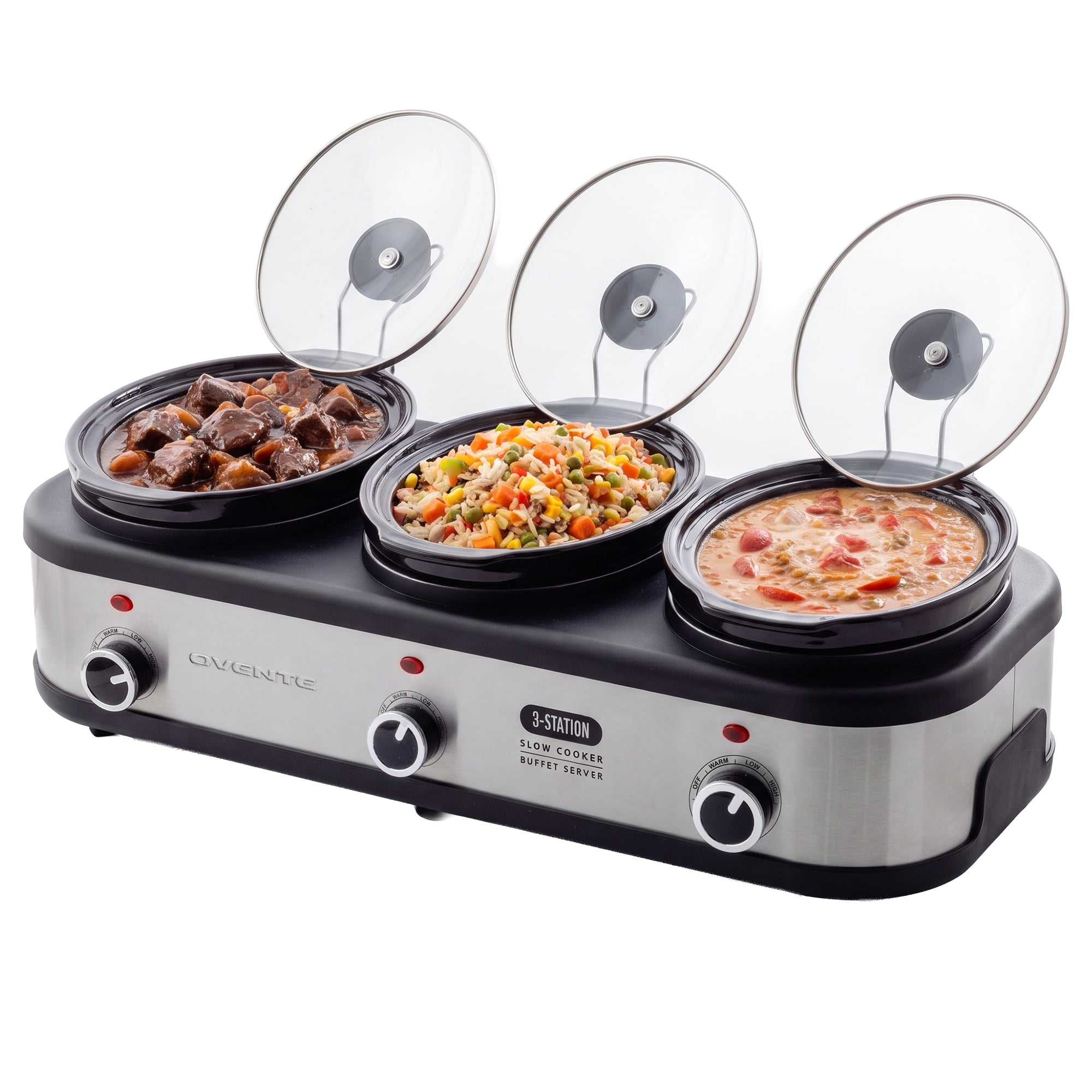 OVENTE Electric Triple Slow Cooker, 4.5Qt Buffet Server, Silver SLO315CBR | 300W Three 1.5Qt Pots, Adjustable Heat Settings, Easy to Monitor & Clean, Perfect for Entertaining, Portable Buffet Server
