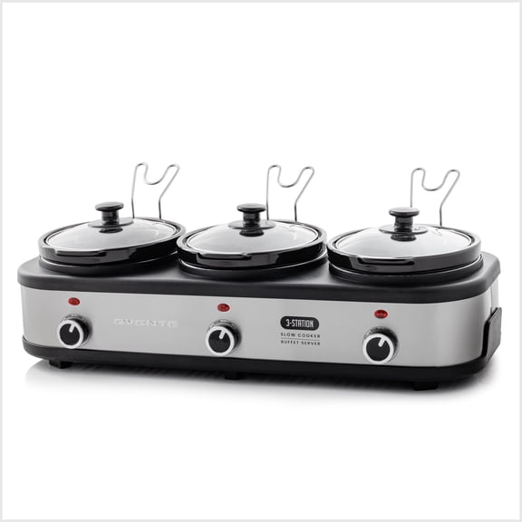 OVENTE Stainless Steel Triple Slow Cooker Buffet Server with Glass Lid & Temperature Control, 3 Section Station Portable 4.5 QT Ceramic Pot Food Warmer Easy Clean for Holiday Dinner, Silver SLO315CBR