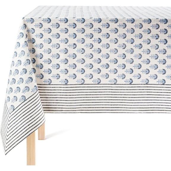 Over&Back Hand-Screened Tablecloth - Dining Table Cover - Each Tablecloth is Unique - 100% Cotton - Machine Washable - Kitchen and Home Decor - Blue Flower - 70x90