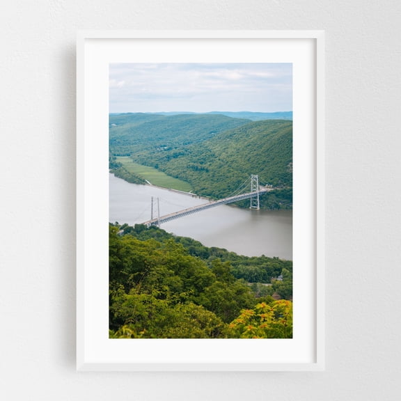 Over Bear Mountain Bridge - New York Photography Bridge Landscape Nature Scenic Water Mountain White Framed Wall Art Print 5 x 7 inches