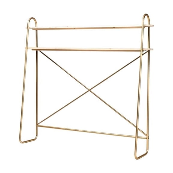 Over Bed Storage Shelf with Gold Metal Frame and Light Wood Shelves