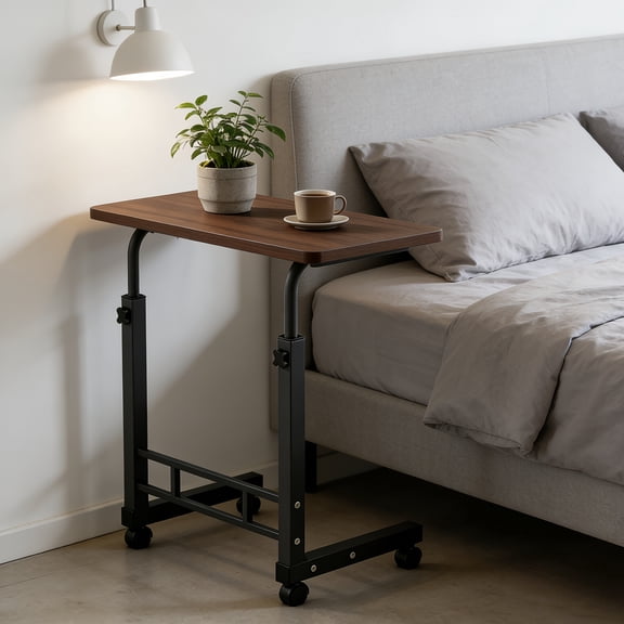 Over-Bed Table with 2-Layer Storage, Mobile Bedside Desk for Sofa & Bedroom, Multifunctional Nightstand with Solid Metal Frame & Smooth Wheels, Space-Saving for Laptop, Snacks & Essentials