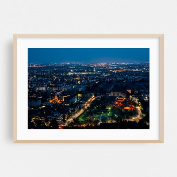 Over Bergamo 02 - Bergamo Lombardy Italy Photography Cityscape Nightlife Skyline Architecture Oak Framed Wall Art Print 5 x 7 inches