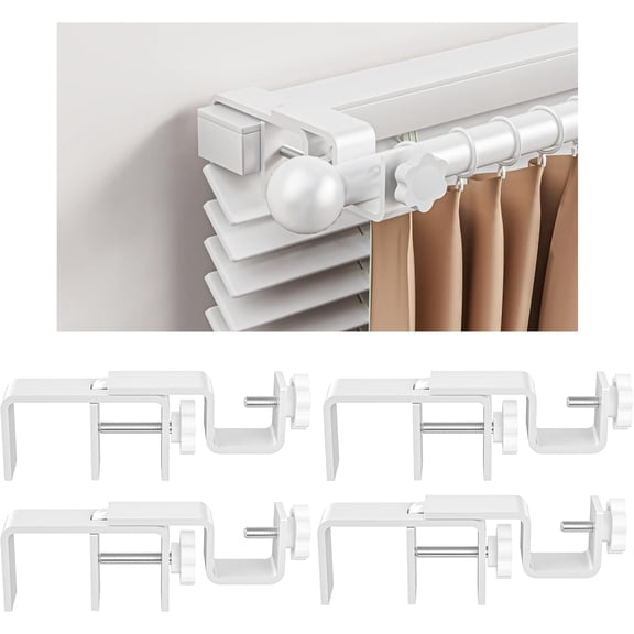 Over-Blinds Curtain Rod Brackets for Outside-Mounted Blinds, Blinds 1.32 Rectangular Headrails, Tool-Free No-Drill Installation Apartments, Rentals Set of 4 (White)