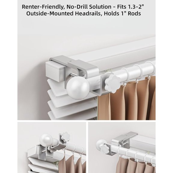 Over-Blinds Curtain Rod Brackets for Outside-Mounted Blinds, Blinds Curtain Rod Brackets for 1.3–2” Rectangular Headrails, Tool-Free No-Drill Installation for Apartments, Rentals Set of 3 (Silver)