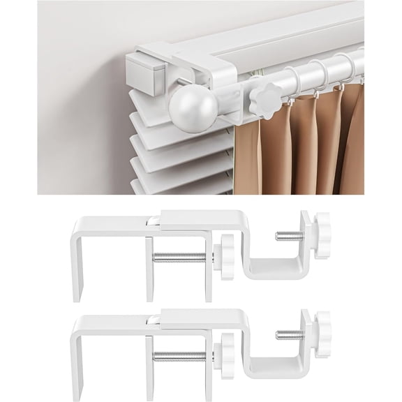 Over-Blinds Curtain Rod Brackets for Outside-Mounted Blinds, Blinds Curtain Rod Brackets for 1.32 Rectangular Headrails, Tool-Free No-Drill Installation for Apartments, Rentals Set of 2 (White)